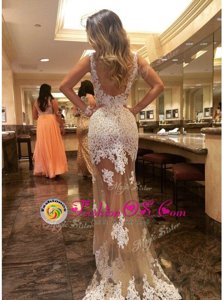 Champagne Mermaid Tulle Scoop Sleeveless Appliques Backless Prom Party Dress Court Train