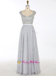 Spectacular Grey A-line V-neck Sleeveless Chiffon Floor Length Zipper Beading and Appliques Mother Of The Bride Dress