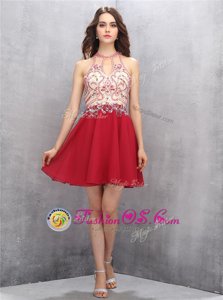 Luxury Scoop Mini Length Red Prom Evening Gown Chiffon Sleeveless Beading