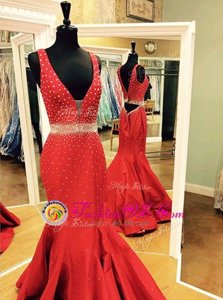 Mermaid V-neck Sleeveless Satin Oscars Dresses Beading Sweep Train Zipper