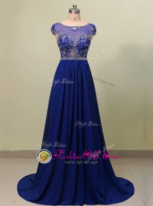 Dazzling Scoop Royal Blue Zipper Prom Gown Beading Cap Sleeves With Brush Train