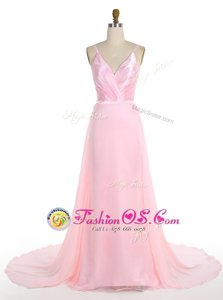Pink Mermaid Spaghetti Straps Sleeveless Chiffon With Train Sweep Train Zipper Ruffles Prom Evening Gown