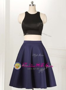 Charming Navy Blue A-line Satin and Elastic Woven Satin Scoop Sleeveless Ruffles Knee Length Zipper Homecoming Gowns