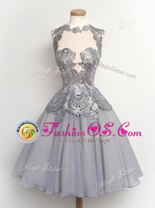 Scalloped Grey A-line Appliques Prom Evening Gown Zipper Chiffon Cap Sleeves Knee Length