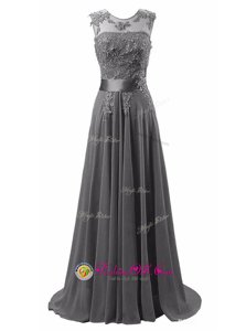 Scoop Grey Chiffon Lace Up Homecoming Dress Sleeveless Brush Train Beading and Appliques