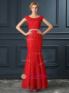 Mermaid Scoop Cap Sleeves Floor Length Lace Up Prom Dresses Red and In for Prom and Party with Beading