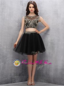 Chic Scoop Mini Length Zipper Prom Evening Gown Black and In for Prom with Beading