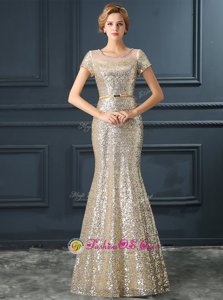 Mermaid Scoop Cap Sleeves Sequined Floor Length Zipper Red Carpet Gowns in Champagne for with Sequins and Belt