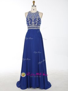 Luxury Scoop Royal Blue A-line Beading Celebrity Dresses Criss Cross Chiffon Sleeveless With Train