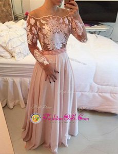 Scoop Pink Side Zipper Prom Dress Beading and Appliques and Sashes|ribbons Long Sleeves Floor Length