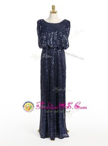 Adorable Navy Blue Mother Of The Bride Dress Prom and Wedding Party and For with Sequins Scoop Sleeveless Zipper