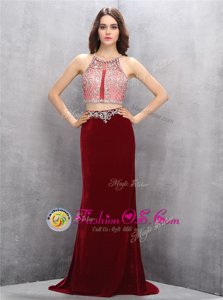 Burgundy Column/Sheath Scoop Sleeveless Silk Like Satin With Train Sweep Train Criss Cross Beading Juniors Evening Dress