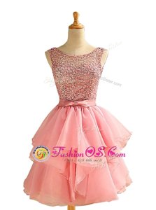 Unique A-line Prom Evening Gown Pink Scoop Chiffon Sleeveless Knee Length Lace Up