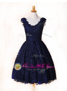 Blue and Navy Blue Zipper V-neck Lace Homecoming Dress Lace Sleeveless