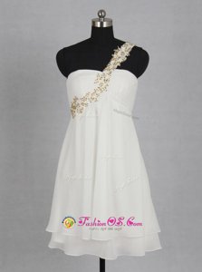 Lovely One Shoulder White A-line Appliques and Ruching Prom Evening Gown Zipper Chiffon Sleeveless Mini Length