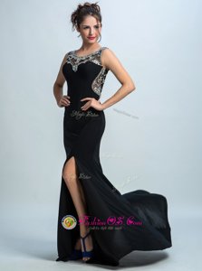 Mermaid Scoop Chiffon Sleeveless With Train Evening Gowns Brush Train and Beading