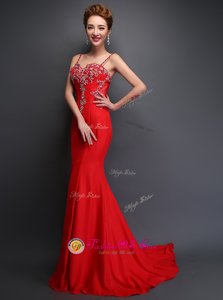 Best Mermaid Red Satin Zipper Prom Evening Gown Sleeveless With Brush Train Beading