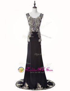 Dramatic Mermaid Black Prom and Party and For with Beading and Appliques Scoop Sleeveless Brush Train Zipper