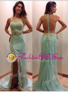 Mermaid Apple Green Tulle Zipper Strapless Sleeveless Dress for Prom Court Train Sequins