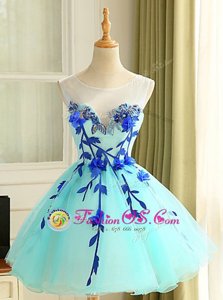 Graceful Scoop Blue Organza Zipper Prom Gown Sleeveless Mini Length Beading and Appliques
