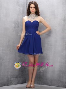 Glamorous Navy Blue Prom Gown Prom and For with Beading High-neck Sleeveless Zipper