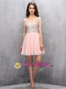 Chic Baby Pink A-line Beading Prom Gown Zipper Chiffon Sleeveless Knee Length