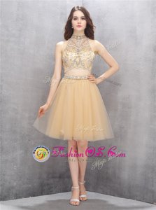 Attractive Champagne Tulle Zipper High-neck Sleeveless Knee Length Cocktail Dresses Beading