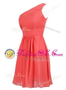 One Shoulder Knee Length Watermelon Red Homecoming Dress Chiffon Sleeveless Ruffles