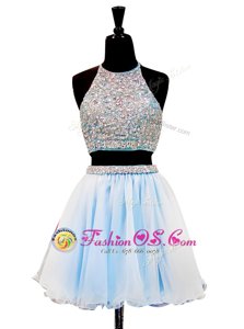 Halter Top Light Blue Sleeveless Mini Length Beading Zipper Dress for Prom