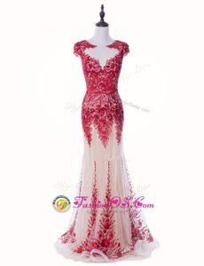 Delicate Mermaid Scoop Backless Red Mother Of The Bride Dress Tulle Brush Train Cap Sleeves Appliques