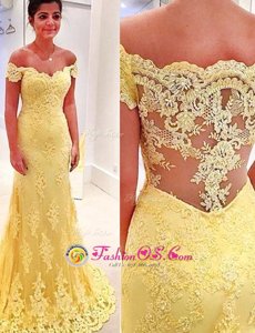Fabulous Mermaid Off the Shoulder Short Sleeves Lace Side Zipper Womens Evening Dresses Yellow and In for Prom with Appliques Brush Train