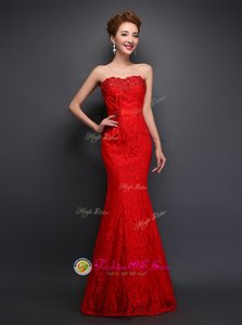 Mermaid Red Lace Lace Up Sweetheart Sleeveless Floor Length Evening Dress Beading and Bowknot