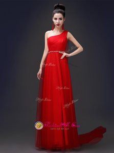 Decent One Shoulder Sleeveless Zipper Floor Length Beading Prom Evening Gown