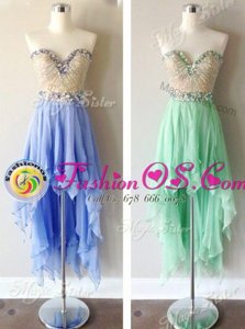 Discount Sleeveless Chiffon High Low Zipper Dress for Prom in Apple Green for with Beading