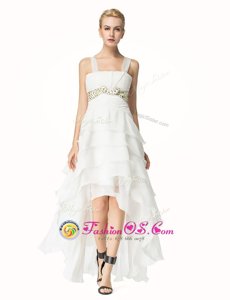 Beautiful White Organza Lace Up Homecoming Dress Sleeveless High Low Beading