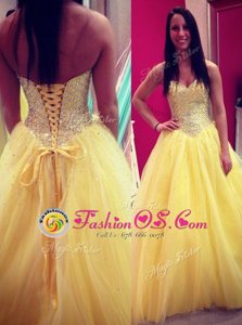 Sexy Sweetheart Sleeveless Dress for Prom Floor Length Sequins Yellow Chiffon