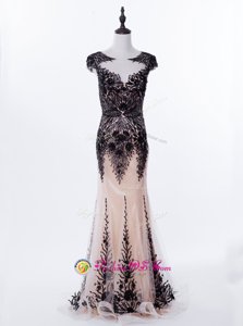 Mermaid Scoop Cap Sleeves Backless Evening Dresses Black and In for Prom and Party with Appliques Brush Train