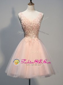 Wonderful Peach Sleeveless Beading and Appliques Knee Length Dress for Prom