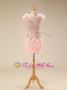 Scoop Beading and Hand Made Flower Club Wear Pink Zipper Cap Sleeves Mini Length