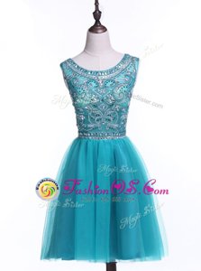 Flare Scoop Mini Length Teal Prom Gown Tulle Sleeveless Beading and Sequins