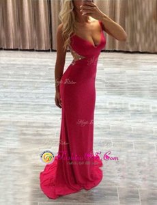 Hot Pink Formal Evening Gowns V-neck Sleeveless Brush Train Zipper