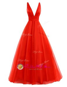 Customized V-neck Sleeveless Prom Evening Gown Brush Train Pleated Coral Red Organza