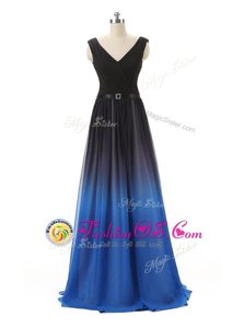 Fine Blue And Black Zipper Homecoming Gowns Belt Sleeveless Floor Length
