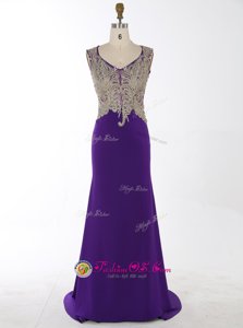 Discount Mermaid Purple V-neck Zipper Beading and Appliques Evening Dress Brush Train Sleeveless