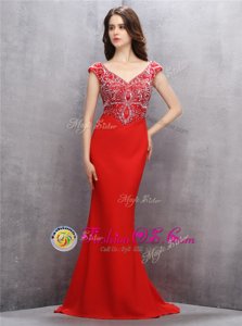 Dramatic Mermaid Red V-neck Neckline Beading and Sequins Evening Gowns Sleeveless Zipper