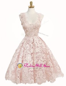 Artistic Baby Pink A-line Lace V-neck Sleeveless Lace Knee Length Zipper Prom Party Dress