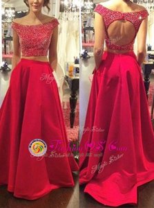 Low Price Off the Shoulder Red Sleeveless Satin Sweep Train Backless Celebrity Evening Dresses for Prom and Party