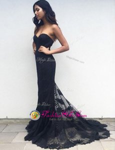 Fitting Mermaid Black Sleeveless Lace Brush Train Zipper Dress for Prom for Prom and Party