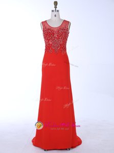 Amazing Mermaid Scoop Red Sleeveless With Train Beading and Appliques Zipper Prom Dresses