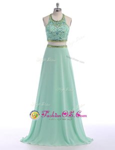 Modest Criss Cross Scoop Sleeveless Homecoming Dress With Train Sweep Train Beading Apple Green Chiffon
